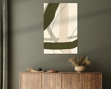 Moderne abstracte minimalistische organische vormen in groen, beige, zwart IV van Dina Dankers