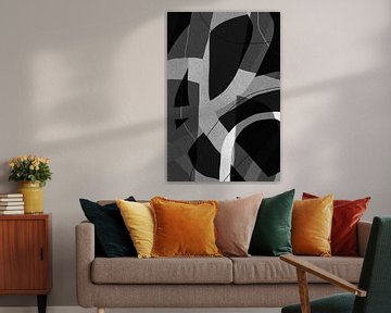 Modern abstract minimalistisch retro kunstwerk in zwart en wit II van Dina Dankers
