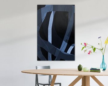Tableau rétro moderne abstrait et minimaliste en bleu, blanc et noir III sur Dina Dankers