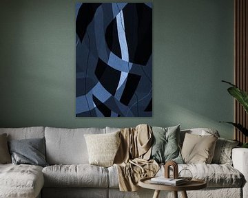 Modern abstract minimalistisch retro kunstwerk in blauw, wit, zwart I van Dina Dankers