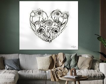 Pen drawing black and white - Flower heart by Ilse Schrauwers, isontwerp.nl