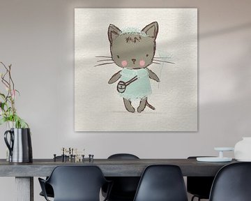 Little kitty cat as a princess  with a flower. Retro style baby room art by Dina Dankers