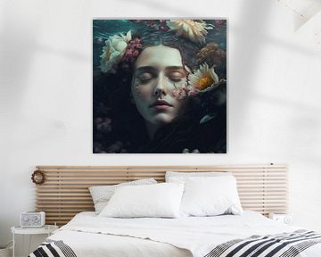 Onderwatermeisje, gesloten ogen, omgeven door bloemen