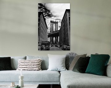 Black-and-white photograph of the Manhattan Bridge and Empire State Building from Brooklyn, New York by Phillipson Photography