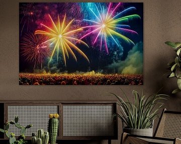 Fireworks over a city with people illustration by Animaflora PicsStock