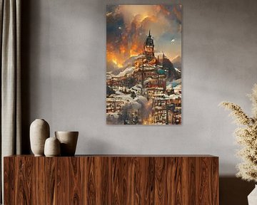 Besneeuwde stad bij een vulkaanuitbarsting. van Art’S & Co