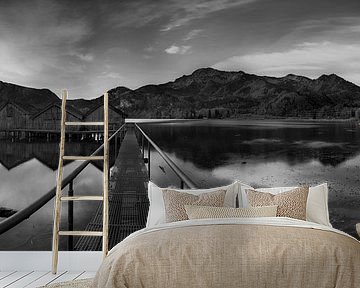 Sonnenaufgang am Kochelsee in Bayern. Schwarzweiss Bild.