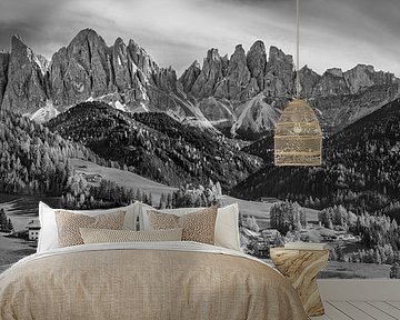 Dolomites in South Tyrol in golden autumn. Black and white image.