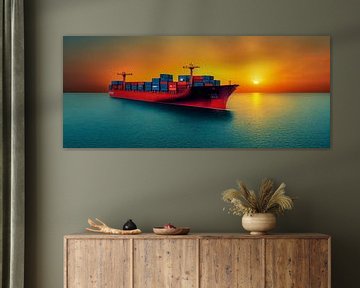 Panorama of a container ship in the sunset Illustration by Animaflora PicsStock