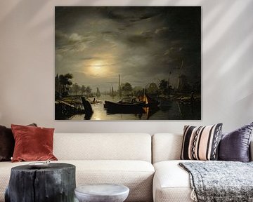 Een rivierlandschap bij zilveren maanlicht, Petrus van Schendel