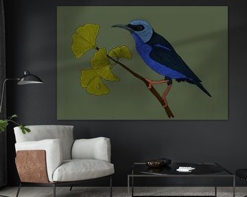 Purperen suikervogel en Gingko blad van Kirtah Designs