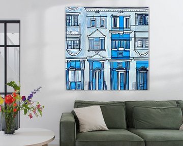 Huizen schets in blauw sur Lily van Riemsdijk - Art Prints with Color