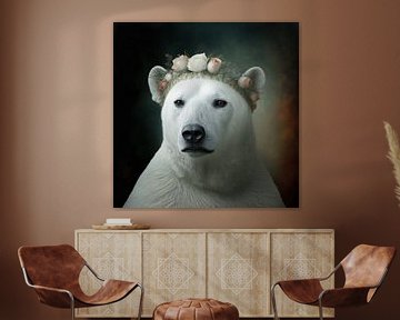 Portret ijsbeer met zomerbloemen van Vlindertuin Art