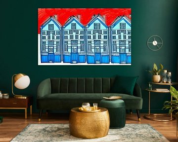 Maisons rouge blanc bleu sur Lily van Riemsdijk - Art Prints with Color