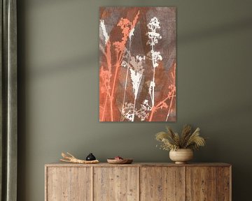 Abstract Retro Botanisch. Bloemen en gras in wit, terracotta, oranje, bruin van Dina Dankers