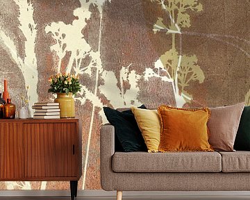 Abstract Retro Botanisch. Bloemen en gras in geel, terracotta, beige, bruin van Dina Dankers