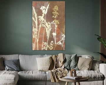 Abstract Retro Botanical. Flowers and grass in earth tone, yellow, terracotta, beige, brown by Dina Dankers