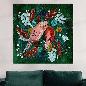 Winter birds turtle dove in green by Caroline Bonne Müller