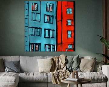 Immeuble d'appartements rouge bleu sur Lily van Riemsdijk - Art Prints with Color