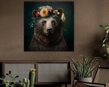 Brown bear portrait with summer flowers by Vlindertuin Art