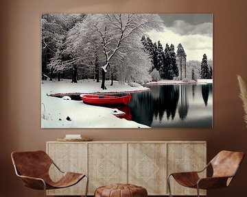 Traumlandschaft mit rotem Boot in einer Winterlandschaft 1 von Maarten Knops