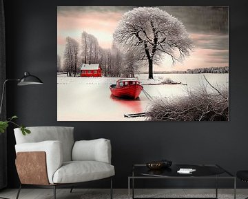 Traumlandschaft mit rotem Boot in einer Winterlandschaft 3 von Maarten Knops
