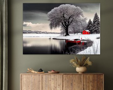 Dreamscape with red boat in a winter landscape 4 by Maarten Knops