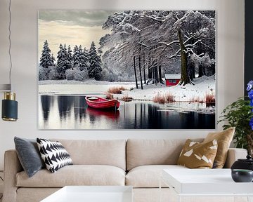 Droombeeld met rode boot in een winter landschap 6 van Maarten Knops