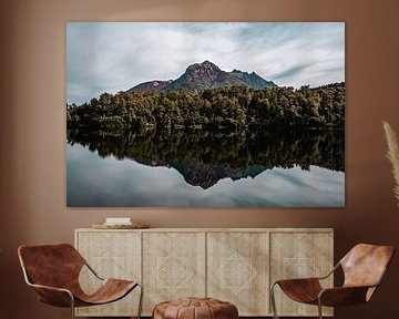 Weerspiegeling in het meer Lago Moreno, Bariloche, Argentinië van Maaike Verhoef