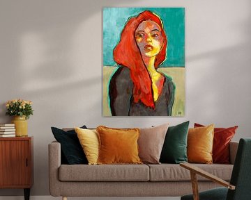 Modern portret van een vrouw, schilderij met rood en blauw van Hella Maas