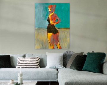 Modern schilderij van een vrouw in badpak. van Hella Maas