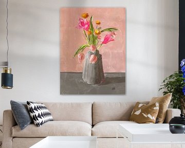 Tulpen schilderij in rose tinten. Bloemen schilderij. van Hella Maas