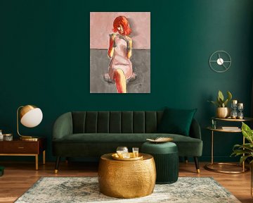 Elegant woman painting. Women with red hair. by Hella Maas