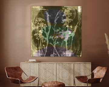 Abstract Retro Botanisch. Bloemen, planten en bladeren in bruin, beige, groen paars van Dina Dankers