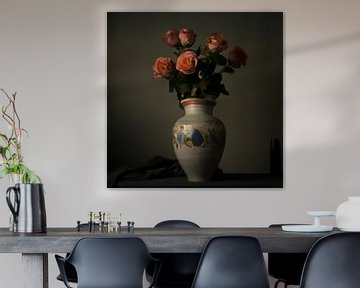 Sfeervol impressionistisch stilleven van rozen in een stenen vaas van Roger VDB