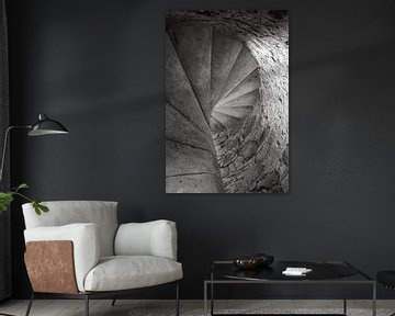 View from below of an old spiral staircase