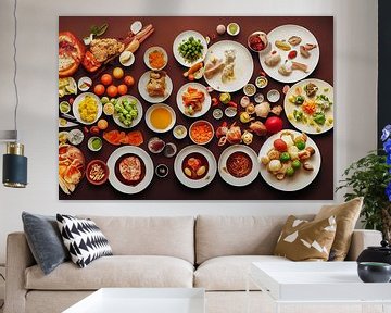 Table remplie de différents types d'aliments Illustration sur Animaflora PicsStock