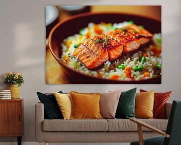Grilled salmon steak with rice Illustration by Animaflora PicsStock