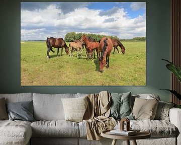 Een kudde paarden met veulens in een weidelandschap van Henk van den Brink