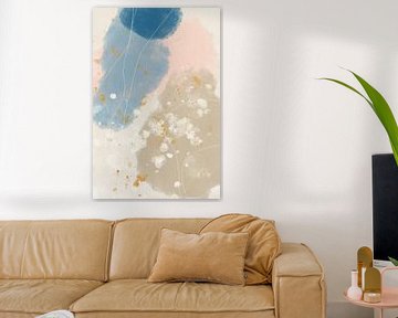Festa due. Modern abstract  in pink,  beige, white, blue and gold by Dina Dankers