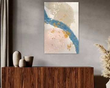 Festa sei. Modern abstract  in pink,  beige, white, blue and gold by Dina Dankers