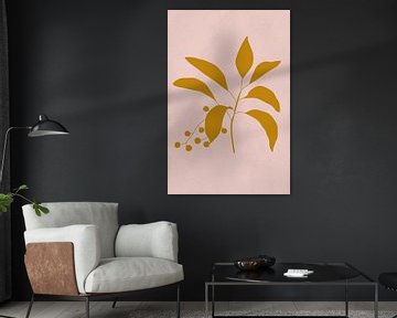 Moderne botanische kunst. Plant met bessen in donker goudgeel op roze van Dina Dankers