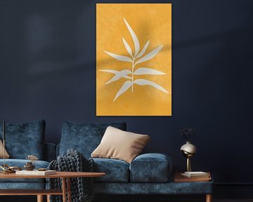 Modern botanical art. Twig in white on yellow by Dina Dankers