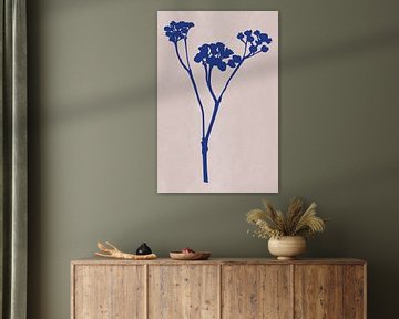 Modern botanical art. Flower in blue on pink by Dina Dankers