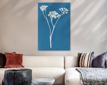 Moderne botanische kunst. Bloem in wit op blauw van Dina Dankers