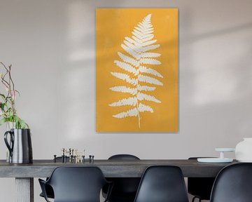 Modern botanical art. Fern in white on yellow by Dina Dankers