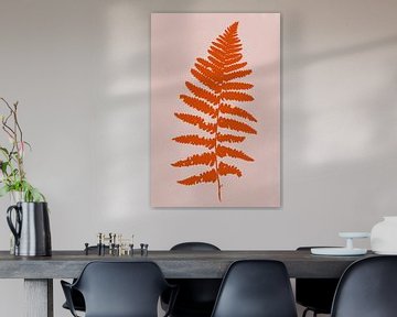 Modern botanical art. Fern in terracotta red on pink by Dina Dankers