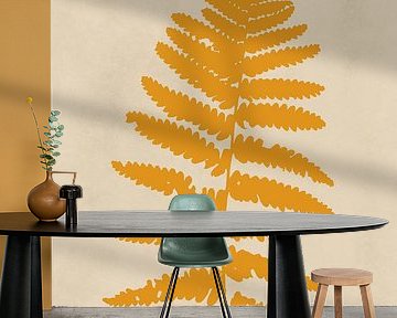 Modern botanical art. Fern in yellow on beige by Dina Dankers