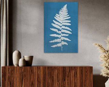 Modern botanical art. Fern in white on blue by Dina Dankers