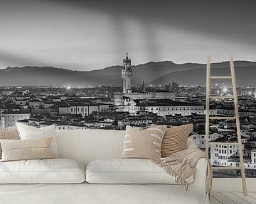 Panorama of the city of Florence in Italy in the evening.  Black and white. by Manfred Voss, Black-White Photography